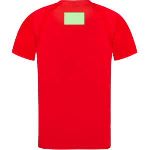 A red adult T-shirt featuring a logo on the upper back. Simple and casual design, suitable for everyday wear.