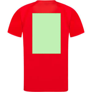 A red adult t-shirt featuring a blank green rectangle area in the centre. The shirt has a logo on it.