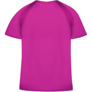 A vibrant pink women's T-shirt with a short-sleeve design and a logo on the back.