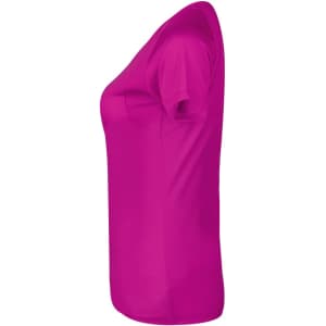 A bright pink women's T-shirt with short sleeves, featuring a fitted design and a logo on it.