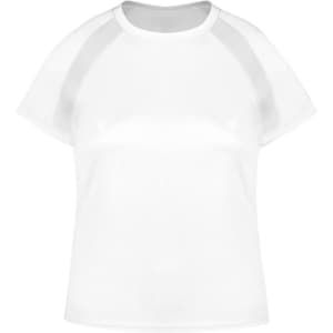 A white women's T-shirt featuring a round neckline and short sleeves, with a logo present.