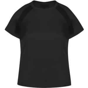 A black women's T-shirt with short sleeves and contrasting panels. Features a logo on the design.
