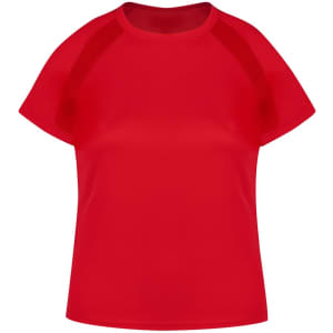 A red women's T-shirt with short sleeves and a relaxed fit. Features a simple design and a logo.