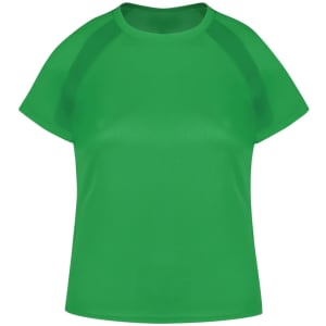 A green women's T-shirt with a rounded neckline and short sleeves. It features a logo on the front.