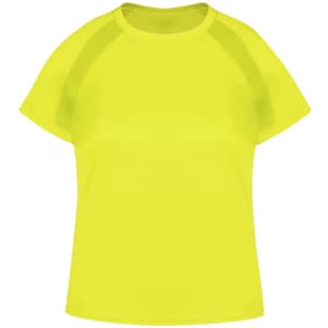 A bright yellow women's t-shirt with short sleeves and a relaxed fit, featuring a logo.