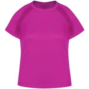 A pink women's T-shirt featuring a classic cut and short sleeves, with a logo on the front.