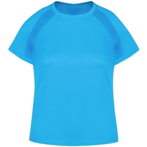 A bright blue women's T-shirt with short sleeves and a relaxed fit. The design includes a logo.
