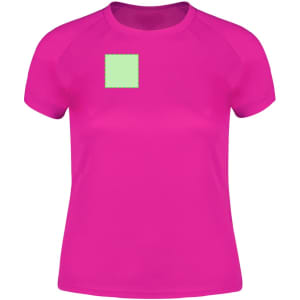 A bright pink women's T-shirt featuring a green logo area. The shirt has a simple, sporty design.