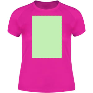 A pink women's T-shirt with a blank green rectangle design in the centre and a logo.