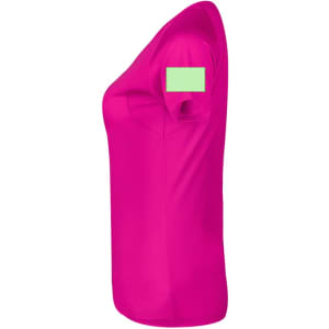 A fuchsia women's T-shirt with a short sleeve and a logo on the upper arm.