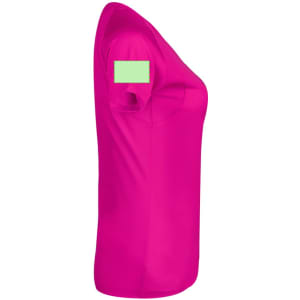 A pink women's T-shirt featuring a logo on the sleeve, shown from the side.