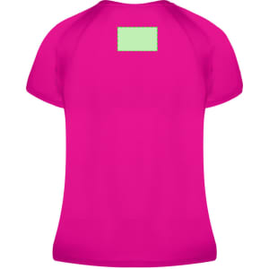 A bright pink women's T-shirt featuring a logo on the back. The shirt has short sleeves and a relaxed fit.