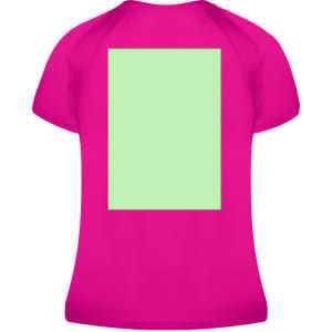 A vibrant pink women's T-shirt featuring a large green rectangular area on the back and a logo.