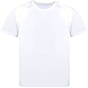 A white children's T-shirt featuring short sleeves and a simple design, with a logo on the front.