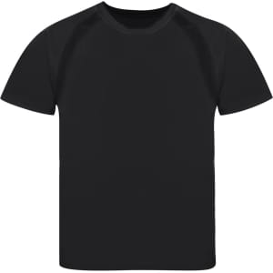 A black kids' t-shirt featuring a round neck and short sleeves, with a logo on the front.