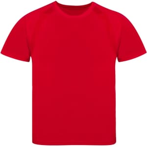 A bright red children's T-shirt with short sleeves and a simple design. It has a logo on the front.