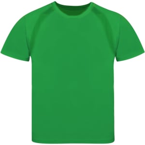 A green children's t-shirt made from a comfortable fabric with a simple design and a logo.