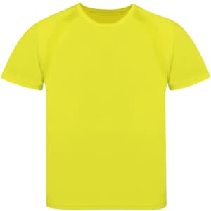 A bright yellow kids' T-shirt with a plain design and short sleeves. It features a logo on the front.