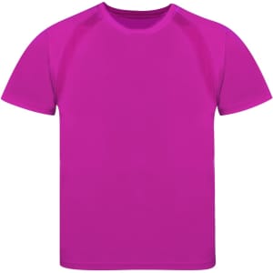 A bright pink kids' T-shirt with short sleeves, featuring a simple design and a logo.