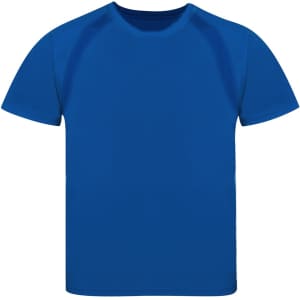 Bright blue short-sleeved children's T-shirt featuring a logo. Suitable for casual wear or activities.