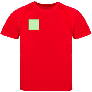 A red kids' T-shirt featuring a square patch in a light green shade, with a logo on the front.
