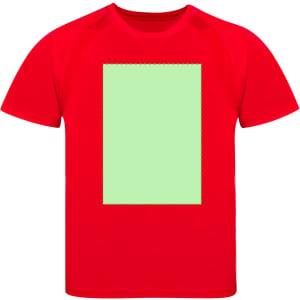 A red kids' T-shirt featuring a blank green rectangular area on the front. The shirt has a logo.