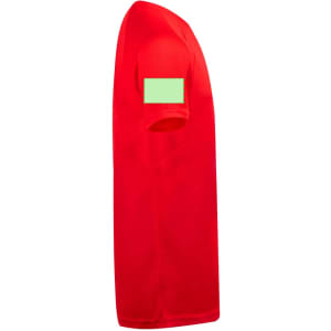 A bright red kids' T-shirt with short sleeves, featuring a logo on the sleeve.
