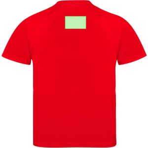 A red children's T-shirt featuring a simple design and a logo on the back.