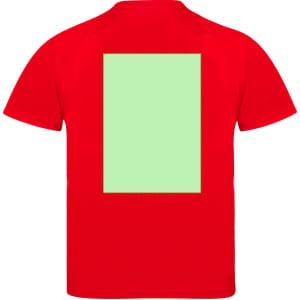 A red children's T-shirt featuring a large green rectangle on the back and a logo.
