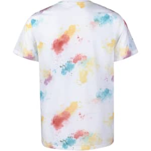 A white adult T-shirt featuring a multicoloured splatter design in red, yellow, and blue. It has a logo.