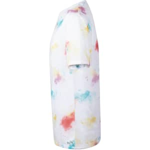 A side view of a multicoloured t-shirt featuring a splash design in shades of white, pink, blue, and yellow.