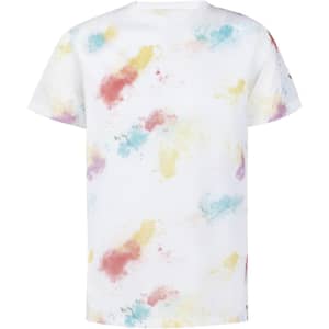A white adult T-shirt featuring a colourful splatter pattern in pink, blue, and yellow. It has a logo displayed.