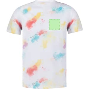 A white adult T-shirt featuring a multicolour tie-dye pattern with a placeholder for a logo or design.