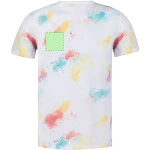 A white adult t-shirt with a colourful splatter pattern in pastel shades and a logo on the chest area.