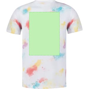 A multicoloured adult T-shirt featuring a white base with a splash of red, yellow, and blue patterns, and a blank centre.