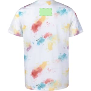 A white adult T-shirt featuring a vibrant splatter pattern in red, yellow, and blue hues, with a logo on the back.