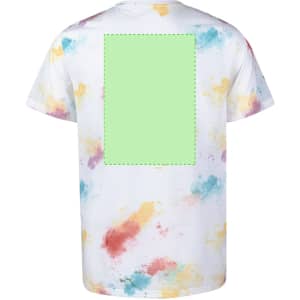 A multi-coloured adult T-shirt featuring a splatter design on a white background and a green blank area on the back.