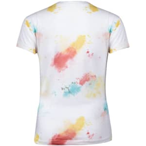 A women's T-shirt featuring a colourful splatter design in pink, blue, and yellow against a white background.