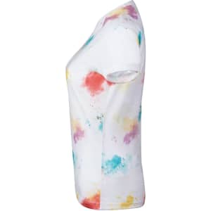 A white women’s t-shirt with a multicoloured tie-dye pattern featuring red, yellow, and blue splashes.