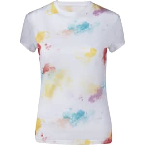 A white women’s T-shirt featuring a colourful, abstract splash pattern in pastel shades of blue, pink, and yellow.