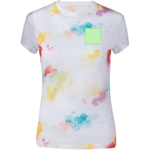 A white women's t-shirt featuring a colourful abstract pattern with splashes of yellow, red, and blue. It has a logo area.