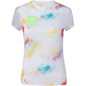 A white women’s T-shirt featuring a colourful abstract design in pastel shades of blue, pink, and yellow. It has a logo.