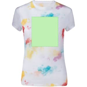 A women’s T-shirt featuring a white base with multicoloured splashes in red, yellow, and blue. It has a logo.