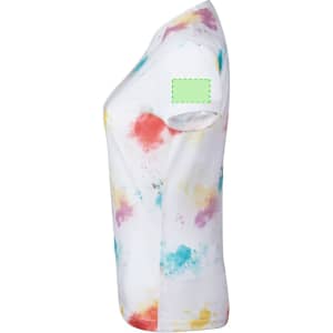 A women's t-shirt in white with a colourful tie-dye pattern featuring shades of red, blue, and yellow. It has a logo space on the sleeve.