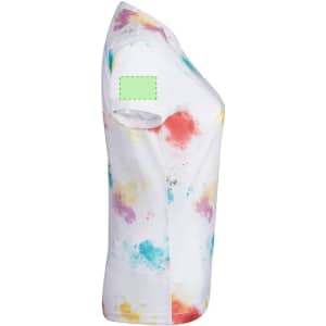 A women's T-shirt in white with a colourful tie-dye pattern featuring hues of red, yellow, and turquoise. It has a logo on the sleeve.