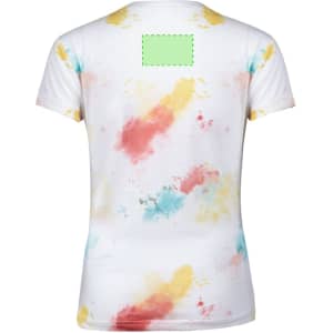 A women's T-shirt featuring a white base with a colourful splatter design in red, yellow, and blue. It has a logo on the back.