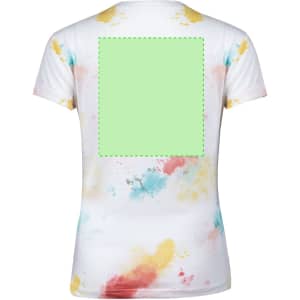 A women's T-shirt featuring a tie-dye design in pastel colours with a plain green area on the back.