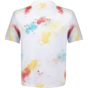 A kids' T-shirt featuring a white background with colourful splashes of red, blue, and yellow. It has a logo on the front.