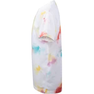 A white kids' t-shirt with a colourful tie-dye pattern in shades of red, blue, and yellow. It has a logo on it.