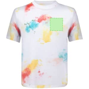 A white kids' t-shirt featuring a tie-dye splash pattern in red, blue, and yellow, with a green square.